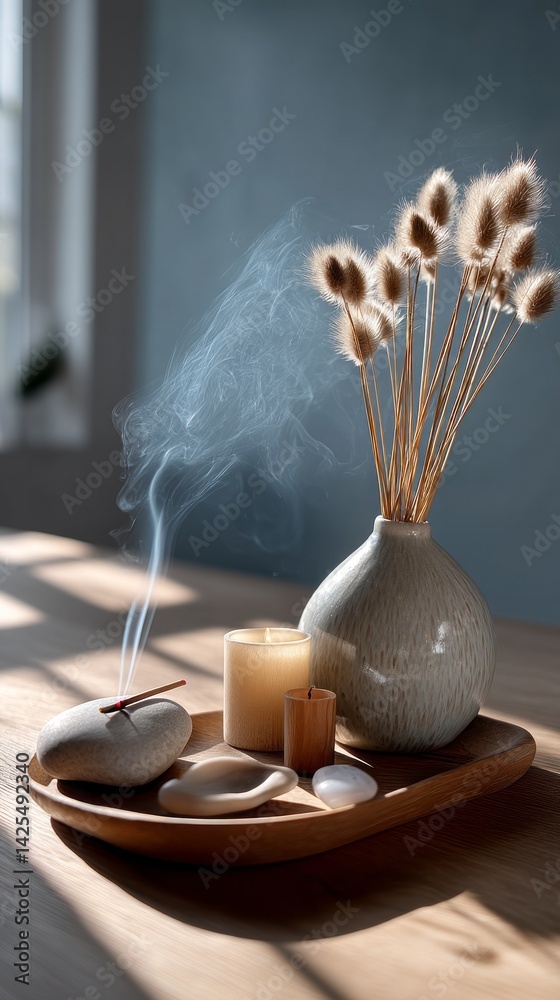 Aufkleber soft rays of sunlight filter through a window, illuminating a tranquil setting adorned with incense,