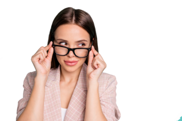 Close-up portrait of nice attractive lovely winsome lovable pretty cheerful girlish straight-haired lady peeking touching specs isolated over bright vivid shine blue green teal turquoise background