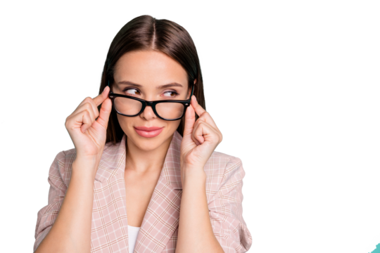 Close-up portrait of nice attractive lovely winsome lovable pretty cheerful girlish straight-haired lady peeking touching specs isolated over bright vivid shine blue green teal turquoise background