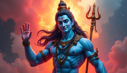 Majestic depiction of Hindu God Shiva against a luminous celestial backdrop