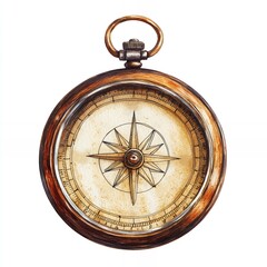 A detailed watercolor painting of an antique brass compass with a ring on a white background close up