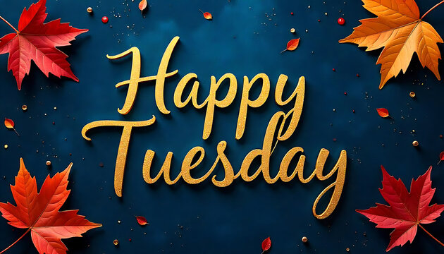 Golden 'Happy Tuesday' Calligraphy with Autumnal Foliage Against Navy Backdrop