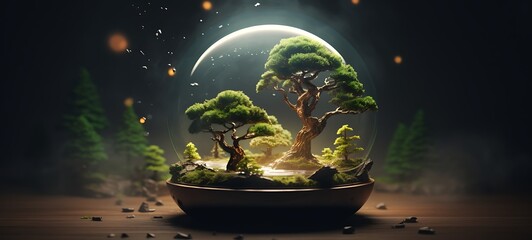 Mini world of bonsai in round magic protector, ai generative