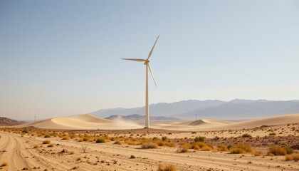 Wind turbine in a desert landscape with sandy dunes and mountain backdrop under a clear blue sky
