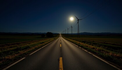 Fototapeta premium Serene Night Road Under Bright Full Moon with Wind Turbines in the Distance and Scenic Landscape View