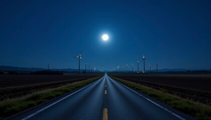 Fototapeta premium Serene Night Landscape with a Long Road and Wind Turbines Under a Bright Full Moon