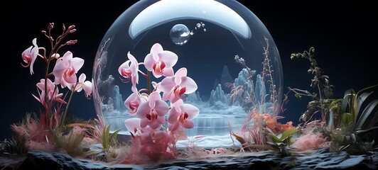 Obraz premium Mini world of orchid in round magic protector, ai generative