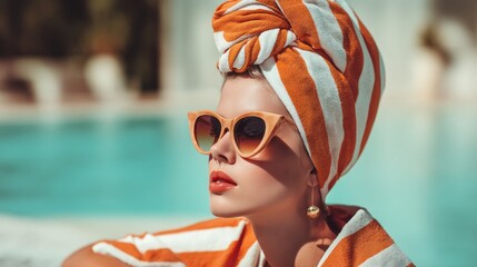 Relaxing by the shimmering pool, a woman sports retro sunglasses and a stylish head wrap, radiating vintage glamour under the bright sun. Her vibrant look complements the tranquil atmosphere