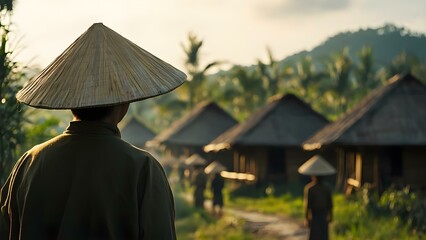 A person wearing a conical hat stands in a rural setting, observing traditional huts surrounded by greenery and nature. Concept Rural Landscape, Traditional Huts, Conical Hat, Nature Observation