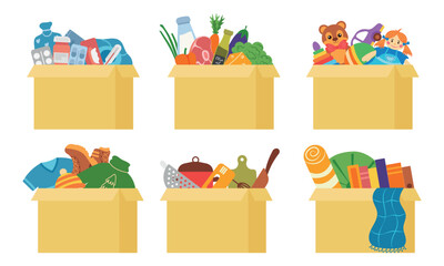 Cardboard boxes with things, medicines, food, toys for donations