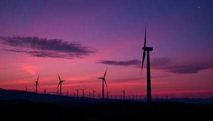 Obraz premium Beautiful sunset sky with silhouetted wind turbines in the foreground creating a serene environmental scene