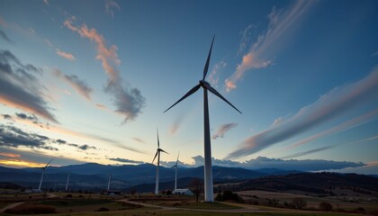 Wind Turbines Under a Colorful Sky at Dusk in a Scenic Landscape with Mountains in the Background