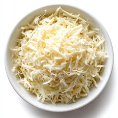 Grated cheese in bowl, full view isolated on white background
