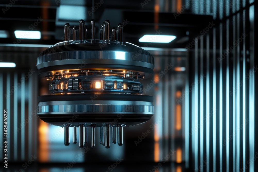Poster futuristic quantum computer with intricate design and glowing circuits in modern lab