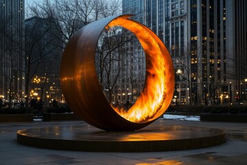 Escultura de anillo ardiente en un parque urbano, con edificios altos iluminados en el fondo.