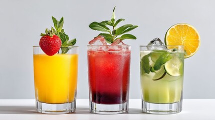 Fototapeta premium Three glasses of different colored drinks with fruit garnishes on top. The drinks are orange, red, and green