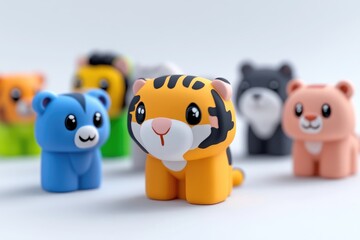 Cute animal figurines.  A group of stylized animal figures,  brightly colored and playful,  sitting close together.  Focus is on a tiger-like figure in orange and black