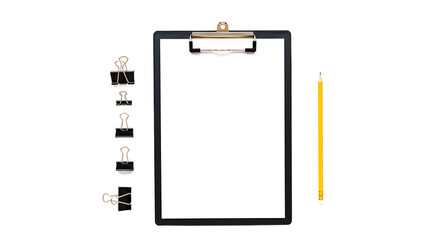 Clipboard with Pencil and Binder Clips on Transparent Background

