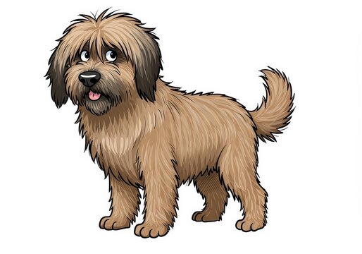 Cute cartoon Briard dog with shaggy fur against white background