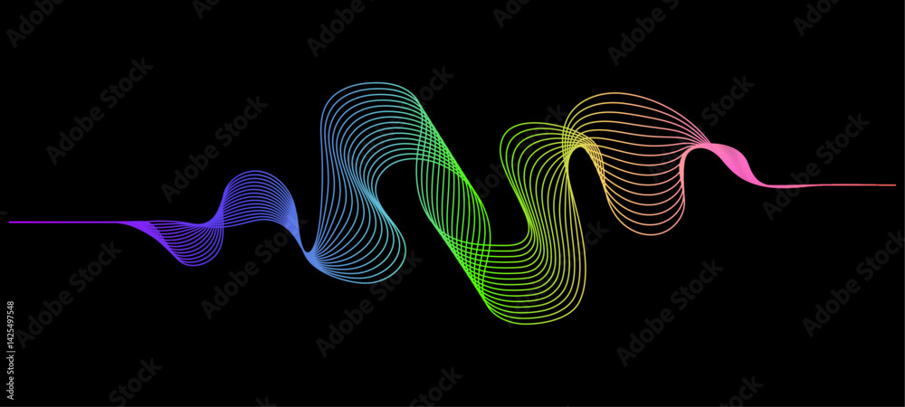 Fototapete Abstract black background with colorful wavy lines. Rainbow gradient spectrum wave flowing in dynamic curve. Vector element for social media, cover, banner, flyer, music