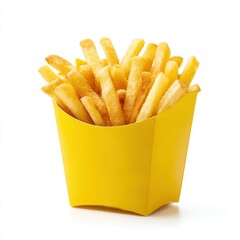 French fries in yellow container isolated on white background