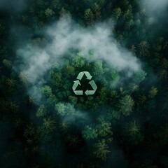 A green forest with the recycling symbol in the middle.