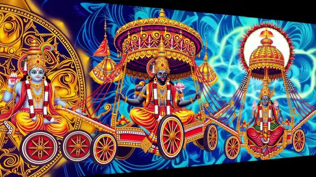 Lord krishna and arjuna riding a chariot in the battlefield of kurukshetra
