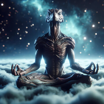 Meditating lizard alien in space