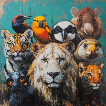 Una colecci&oacute;n de animales, incluyendo un le&oacute;n, tigres, un p&aacute;jaro carpintero, un p&aacute;jaro rojo y un rat&oacute;n, est&aacute;n retratados en un estilo de pintura al &oacute;leo.