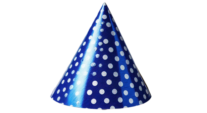 Festive Cone Hat: A whimsical and festive cone hat in vibrant blue with playful white polka dots, evoking a sense of fun and celebration.