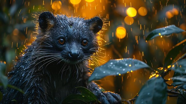 **Binturong Climbing Vines At Twilight With Glowing Jungle Canopy Above, Rich Cinematic Mystery --Ar 16:9 --S 991 --V 6.0 --Style Raw** - @Darya (Relaxed)