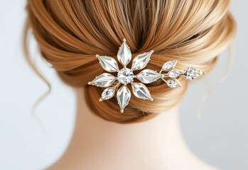 close up of woman's hair with rhinestone pin, bride hair 