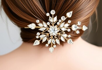 close up of woman's hair with rhinestone pin, bride hair 