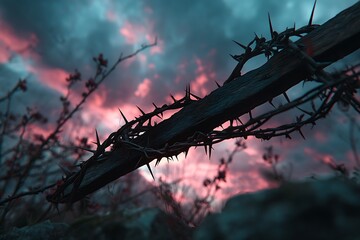 Silhouette of Jesus on the cross, jagged thorns piercing a stormy twilight sky, faint crimson streaks, anguished yet redemptive sorrow.