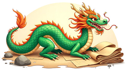 Obraz premium Whimsical Illustration of a Detailed Chinese Dragon with Scroll Element