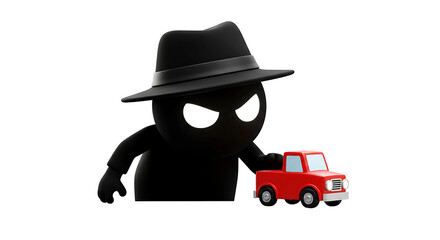 Obraz premium Evil Character Steals Red Toy Pickup Truck on Transparent Background