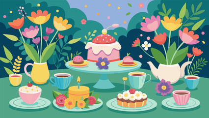 Fototapeta premium A floral tea party is set up in the garden with delicate cups and saucers homemade treats and flower crowns for each guest to wear..