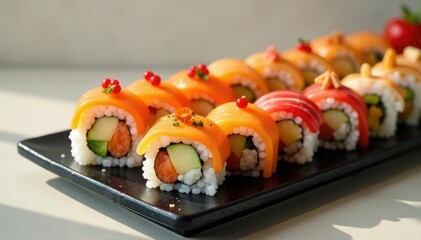 Colorful sushi platter, various rolls, minimalist setting , still life, cucumber, food