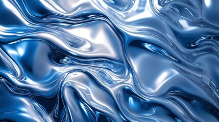 Abstract Blue Metal Liquid Flowing with Silver Highlights Background Image
