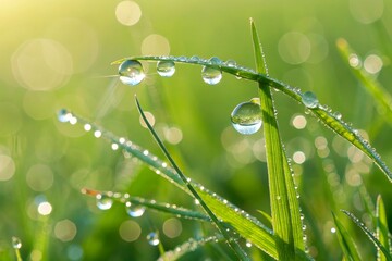 Macro photography, blade of grass, water droplets, dew, green background, bokeh effect, nature close-up, fresh morning, high detail, soft focus, tranquil atmosphere, minimalist composition