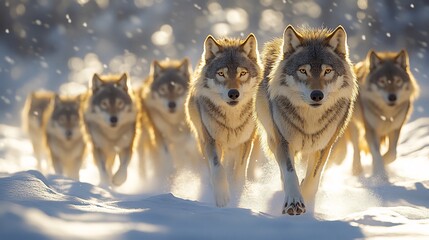 Naklejka premium A dynamic wildlife ecosystem scene showcasing a pack of wolves traversing a frozen tundra