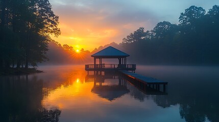 Fototapeta premium Misty Sunrise Pavilion on Calm Lake