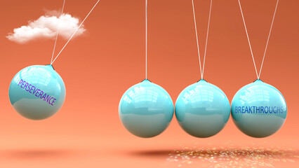Perseverance produces Breakthroughs. A Newton cradle metaphor in which Perseverance gives momentum to Breakthroughs. Cause and effect relation between Perseverance and Breakthroughs. ,3d illustration