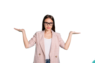 Portrait of nice attractive pretty lovely smart clever confident straight-haired lady professor holding two invisible objects isolated over bright vivid shine blue green teal turquoise background