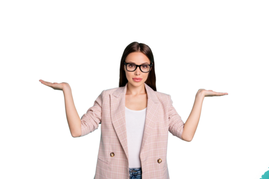 Portrait of nice attractive pretty lovely smart clever confident straight-haired lady professor holding two invisible objects isolated over bright vivid shine blue green teal turquoise background - Powered by Adobe