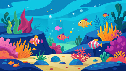 Naklejka premium An underwater paradise with colorful coral reefs where you can swim and do aquatic exercises while surrounded by vibrant marine life.. Vector illustration