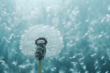 Dandelion seeds blowing away in the wind on a blue background.