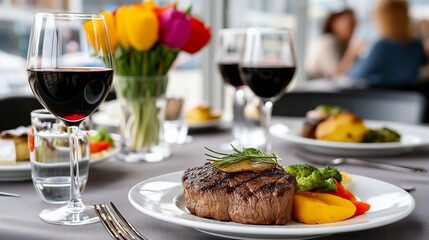 Table with a steak dinner and wine glasses. The wine glasses are full and the table is set for a romantic dinner