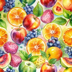 Watercolor painting of vibrant, juicy fruits, Seamless pattern of apples, oranges, grapes, and berries. Ideal for food, health, and lifestyle themes.