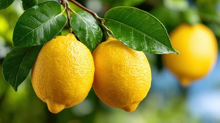 The bright yellow lemons hang ripe and juicy from the tree, their glossy skin reflecting the sunlight and infusing the air with a mouth watering citrus scent.